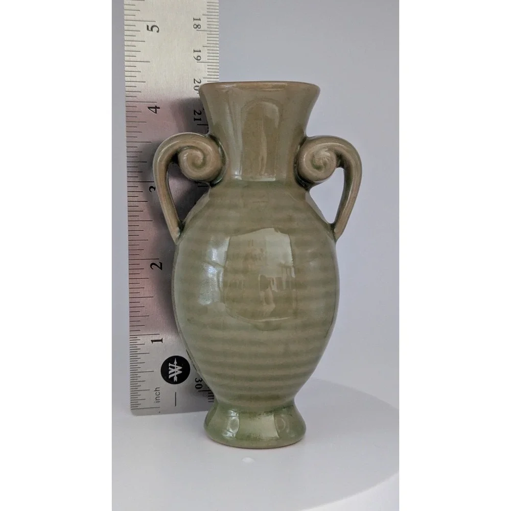 Vintage Green Ceramic Bud Vase Double Spiral Handles Ribbed Crackle Glaze 4